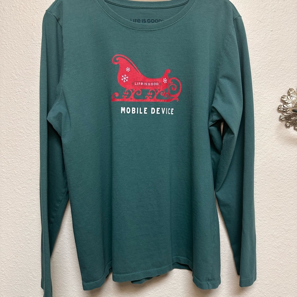 Life Is Good Green Long Sleeve with Red Sleigh Large Christmas shirt